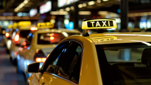 'Yellow taxi cabs in the city at night' - A line of yellow taxi cabs parked on a city street with the city lights in the background.