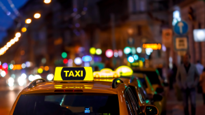 City taxi cab illuminated in the dark.