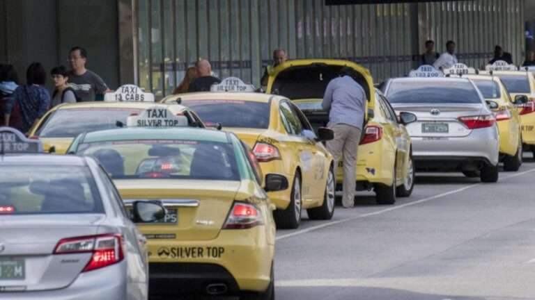 Many yellow taxis parked in a row, waiting for passengers.